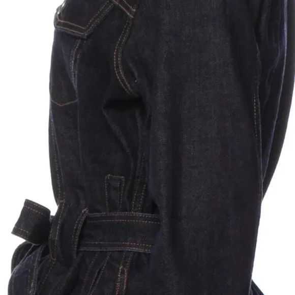 Trave Blue Pointed Collar Flap Pockets Button Closure Belted Denim Jacket Small - Picture 8 of 12